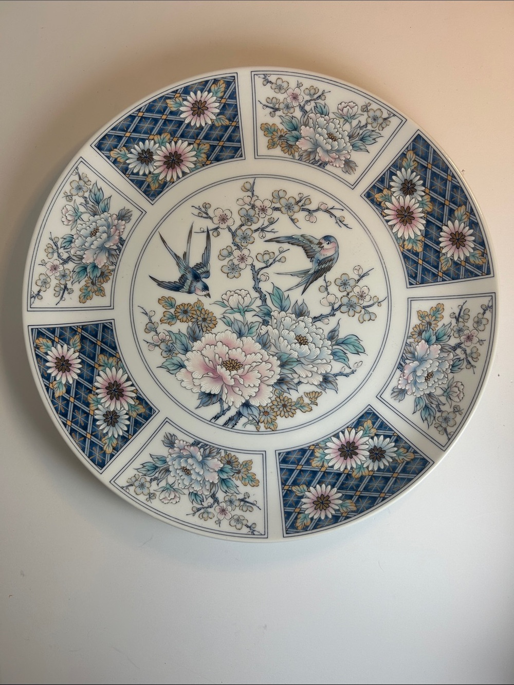 Japanese Decorative Floral Bird Porcelain Plate - Blue, Pink, Gold Accents